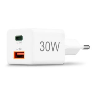 HAMA Бързо мини зарядно, 30 W, 1x USB-C, 1x USB-A, PD, бял