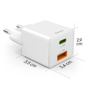 HAMA Бързо мини зарядно, 30 W, 1x USB-C, 1x USB-A, PD, бял
