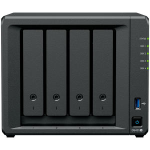 Synology DiskStation DS425+ Tower, 4-Bays 3.5'' SATA HDD/SSD, 2 x M.2 2280 NVMe SSD slot, CPU Intel Celeron J4125  4-core 2.0 GHz, 2 GB DDR4 non-ECC SODIMM, 1x RJ-45 2.5 GbE LAN, 1x RJ-45 1GbE LAN Port; 2x USB 3.2;  2.18 kg; 3yr warranty