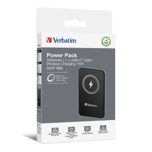 Външна батерия Verbatim MCP-5BK Power Pack 5000 mAh with UBS-C PD 20W / Magnetic Wireless Charging 15W Black