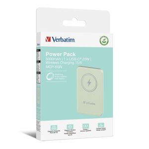 Външна батерия Verbatim MCP-5GN Power Pack 5000 mAh with UBS-C PD 20W / Magnetic Wireless Charging 15W Green