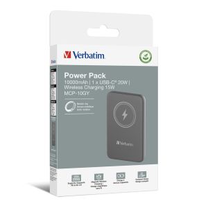 Външна батерия Verbatim MCP-10GY Power Pack 10000 mAh with UBS-C PD 20W / Magnetic Wireless Charging 15W Grey
