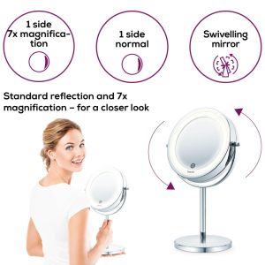 Козметично огледало Beurer BS 55 Illuminated mirror, touch sensor, 18 LED light, 7 x zoom, 2 swivering mirrors, 13 cm