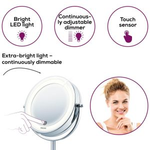 Козметично огледало Beurer BS 55 Illuminated mirror, touch sensor, 18 LED light, 7 x zoom, 2 swivering mirrors, 13 cm