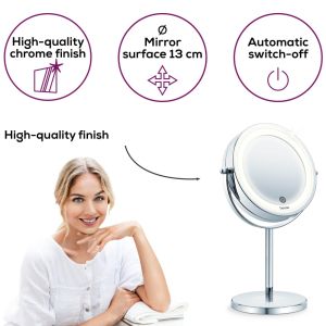 Козметично огледало Beurer BS 55 Illuminated mirror, touch sensor, 18 LED light, 7 x zoom, 2 swivering mirrors, 13 cm