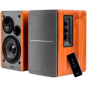 Edifier R1280T 2.0 Bookshelf Speakers, RCA, 0.5-inch Tweeters, 4-inch Drivers, 42W (RMS), Control Knobs and Remote Control, Brown