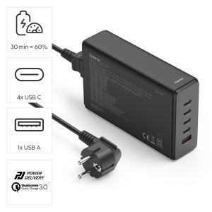 HAMA Зарядна станция 240 W, GaN, Fast Charger, 4 x USB-C, 1 x USB-A, PD