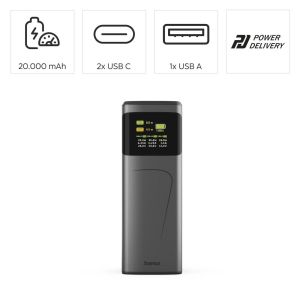 HAMA Външна батерия “High Power”, 65 W, 20000 mAh, 2x USB-C, USB-A, Fast Charging