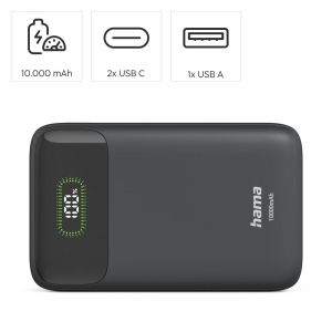 HAMA Външна батерия "PD10-W20", 10000 mAh, 3 изхода: 2 x USB-C, USB-A, Бързо зареждане