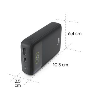 HAMA Външна батерия "PD10-W20", 10000 mAh, 3 изхода: 2 x USB-C, USB-A, Бързо зареждане