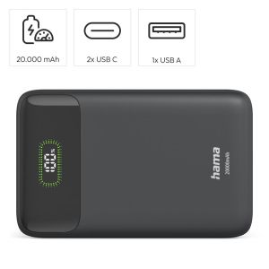 HAMA Външна батерия "PD20-W20", 20000 mAh, 3 изхода: 2 x USB-C, USB-A, Бързо зареждане
