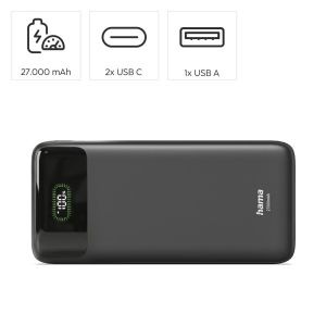 HAMA Външна батерия "PD27-W65", 27000 mAh, Изходи: 2xUSB-C, USB-A, Бързо зареждане