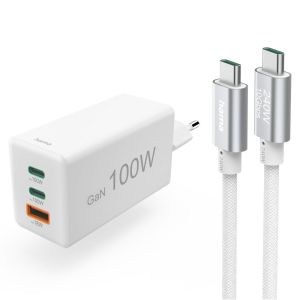 HAMA Комплект Бързо зарядно и кабел за зареждане, 100 W GaN, 2x USB-C PD, 1x USB-A QC