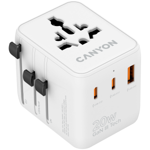 Туристически адаптер Canyon OnTour 20W GaN 2x USB-C USB-A EU/UK/US/AUS (CNS-TA20W1005W)