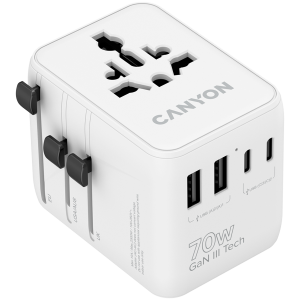 Туристически захранващ адаптер Canyon OnTour 70W GaN PD 3x USB-C 2x USB-A (CNS-TA70W1006W)