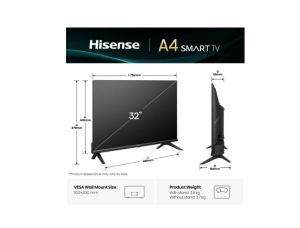 Телевизор Hisense 32" A4Q, HD 1366x768,3000:1, DLED, HLG, DTS Virtual X, Smart TV, WiFi, WiFi Direct, BT, VIDAA U7,Anyview Cast, 2xHDMI, 2xUSB, LAN, CI+, DVB-T2/C/S2, Black