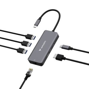 Мултипорт адаптер Verbatim Essentials USB-C към HDMI 4K RJ45 3xUSB-A PD 100W (32157)