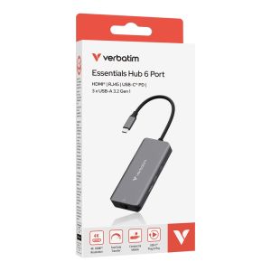 Мултипорт адаптер Verbatim Essentials USB-C към HDMI 4K RJ45 3xUSB-A PD 100W (32157)