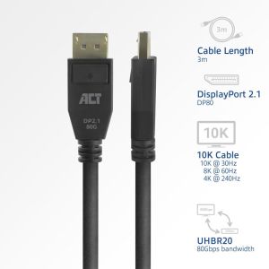 ACT Кабел Display port 2.1 мъжко-мъжко,8К@60Hz,4k@240Hz, 3м, черен