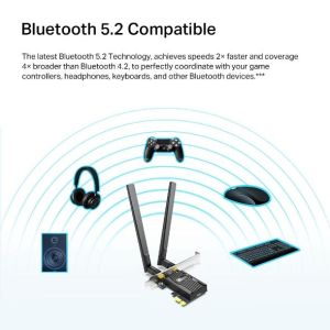 Безжичен адаптер TP-LINK Archer TX20E, PCIe, 1800Mbps, Wireless AX, 2.4GHz /5GHz, BT 5.2, 2x външни антени