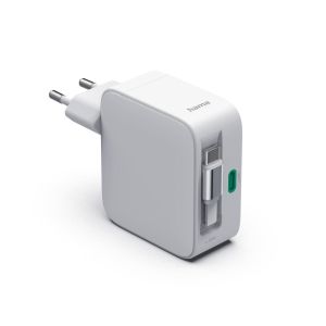 HAMA Бързо зарядно, 30 W, GaN, 2x USB-C, с разтегателен кабел 0.7м, бял