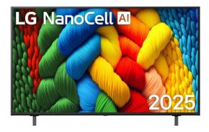 Телевизор LG 55NANO80A3B, 55" 4K HDR Smart Nano Cell TV, 3840x2160, DVB-T2/C/S2, AI Alpha 7, HDR 10 PRO, webOS 25, ThinQ AI, VRR, ALLM, HGiG, WiFi, Clear Voice, AI Upscaling, Bluetooth, Hdmi e-ARC , CI, LAN, AirPlay2, Chromecast, 2 Pole stand, Black