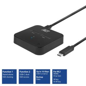 Двойна SSD докинг станция, ACT M.2 NVMe/PCIe за клониране, USB-C 3.2 Gen2, 10 Gbps