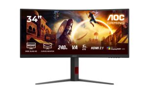 Монитор AOC CU34G4Z, 34" Curved 1500R, VA, WLED, 3440x1440@240Hz, 1ms GtG, 0.3ms MPRT, 450cd m/2, 2500:1, 80M:1 DCR, Adaptive Sync, FlickerFree, Low Blue Light, Tilt, Height Adjust, Pivot, Swivel, 2xHDMI, DP, USB hub