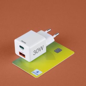 HAMA Бързо мини Gan зарядно, 30 W, 1x USB-C, 1x USB-A, PD, бял