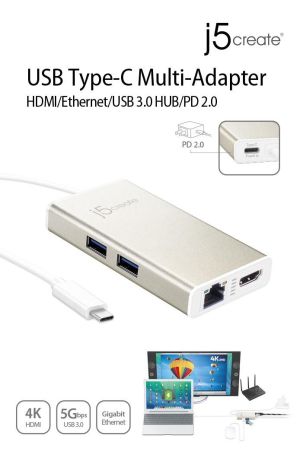 Мултипорт адаптер j5create USB-C към HDMI 4K LAN 2x USB 3.0 PD (JCA374)