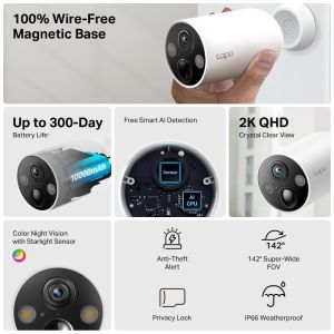 Охранителна WiFi камера TP-Link Tapo C425, Външен/вътрешен монтаж, WiFi - 4 Броя