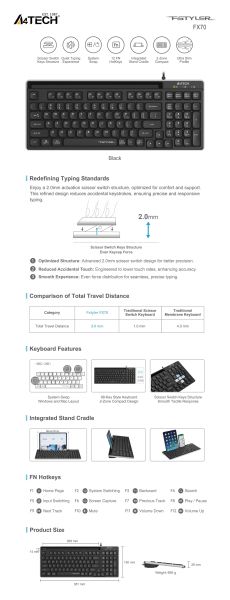 A4tech Fstyler FX70 Жична клавиатура, ниско профилна, ножична технология, кирилизирана, черна