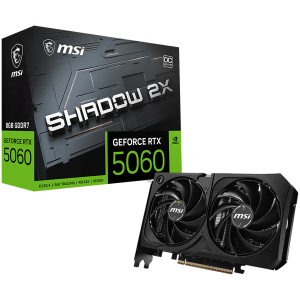 MSI Video Card NVIDIA GeForce RTX 5060 8G SHADOW 2X OC MAX, 8GB GDDR7, 128-bit, 2535 MHz Boost, 3840 CUDA Cores, PCIe 5.0 (x8), 3x DP 2.1b, HDMI 2.1b, RAY TRACING, Metal Backplate, Dual Fan, 145W TDP, 8-pin PCIe Power, G-SYNC, 2-Slot, 3Y