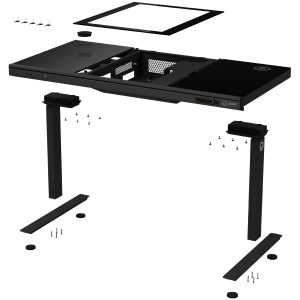 Dual-motor sit/stand adjustable-height gaming desk with built-in PC case, wireless charger, RGB lighting, control panel, and USB ports, tempered glass tabletop, black.