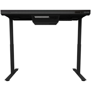 Dual-motor sit/stand adjustable-height gaming desk with built-in PC case, wireless charger, RGB lighting, control panel, and USB ports, tempered glass tabletop, black.