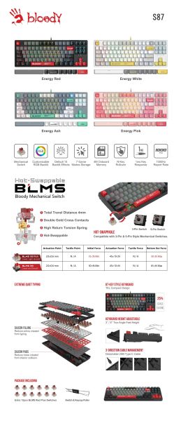А4tech Геймърска механична  клавиатура Bloody Energy Pink S87 BLMS TKL RGB Backlit red switch , USB