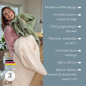 Термоподложка Beurer HD 72 Waffle Sage Green Heated overblanket; Soft and cuddly surface; Machine-washable at 30°C; 3 temp. settings; 1.7kg. Lightweight blanket