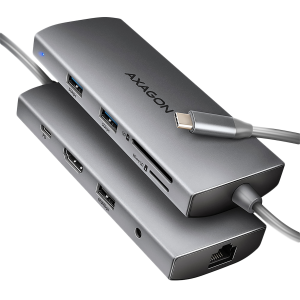 USB-C мултипорт хъб Axagon 9-в-1 USB-C 5Gbps RJ-45 HDMI 4K PD 100W (HMC-8HLSA)