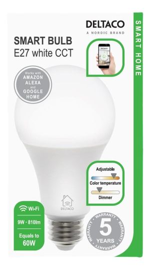 DELTACO SMART HOME LED light, E27, WiFI 2.4GHz, 9W, 810lm, dimmable, 2700K-6500K, 220-240V, white
