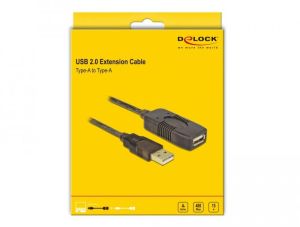 Удължителен кабел DeLock, USB-A женско - USB-A мъжко, USB 2.0, 15 м, Черен