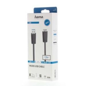 Кабел HAMA, USB 3.0 A мъжко - USB 3.0 Micro-B мъжко, 1.5 м, 5Gbit/s, Черен