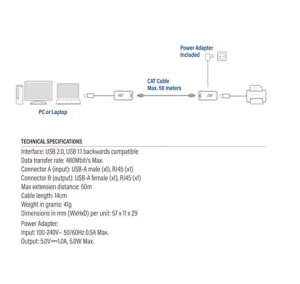 Активен USB удължител ACT AC6063, USB 2.0, UTP до 50 метра