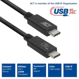 Кабел ACT USB-C - USB-C, 0.8 м / USB4, 40Gbps, 240W, сертифициран USB-IF