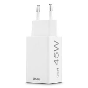 Hama Fast Charger, 1x USB-C, 1x USB-A, Mini Charger, PD, 45 W, white