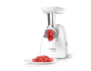 Месомелачка Bosch MFW2515W, Meat mincer, SmartPower Meat mincer from SmartPower range: 1500W, 1,7 kg/min, 2 sieves, 1 sausage horn, fruit press attachment, no reverse, white