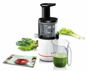 Сокоизстисквачка Bosch MESM500W, Slow juicer VitaExtract 150 W, 55 rpm, 1 speed + reverse function, tritan screw, MixControl lever, juice container 1 l, pulp container 1,3l, 2 filters (fine, coarse), white / black