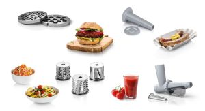 Месомелачка Bosch MFW2517W, Meat mincer, SmartPower Meat mincer from SmartPower range: 1500W, 1,7 kg/min, 2 sieves, 1 sausage horn, fruit press attachment, shredder with 3 barrels, no reverse, white