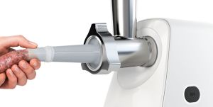 Месомелачка Bosch MFW2517W, Meat mincer, SmartPower Meat mincer from SmartPower range: 1500W, 1,7 kg/min, 2 sieves, 1 sausage horn, fruit press attachment, shredder with 3 barrels, no reverse, white